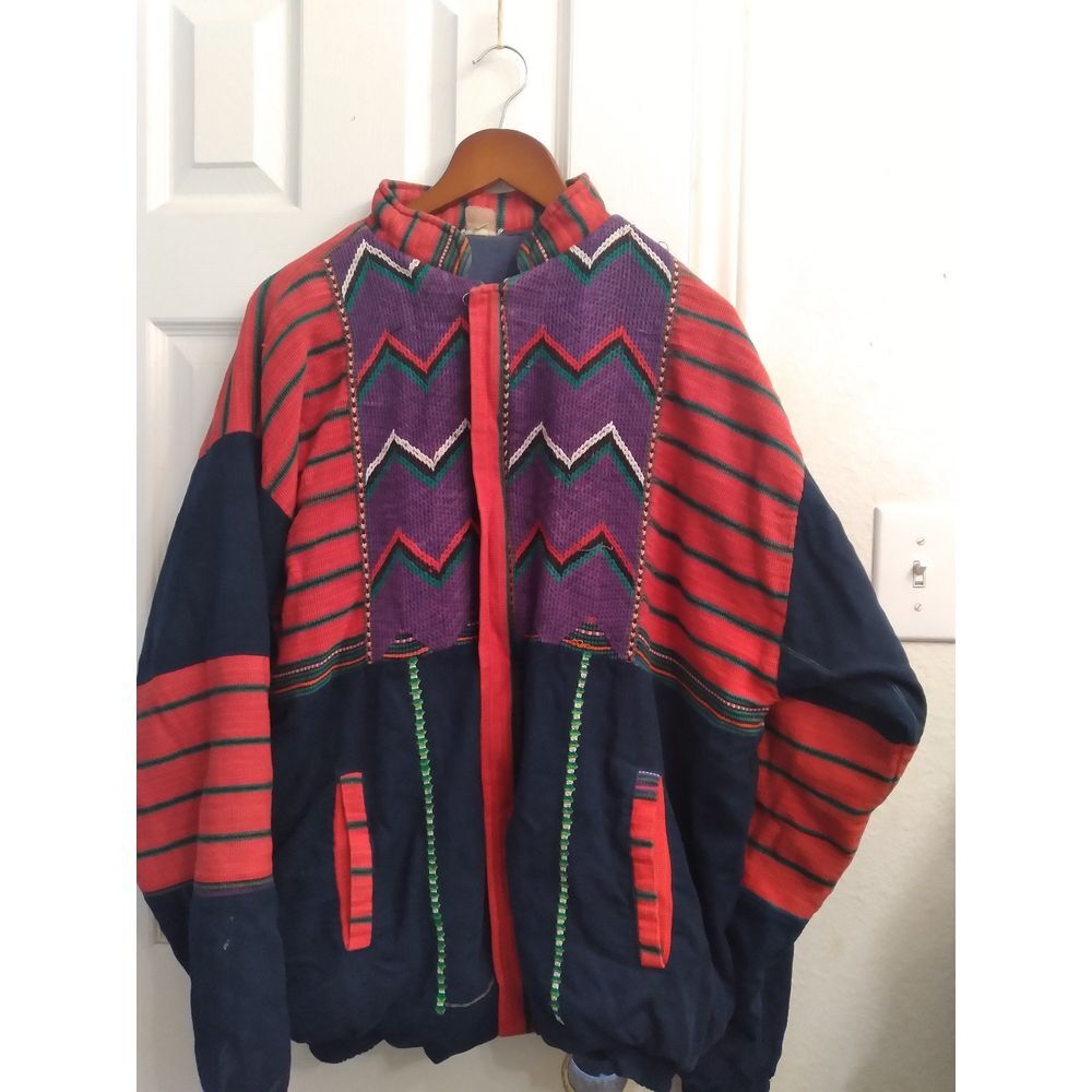 Vintage Geometric Pattern Bomber Jacket Navy Red Purple Aztec Design Streetwear